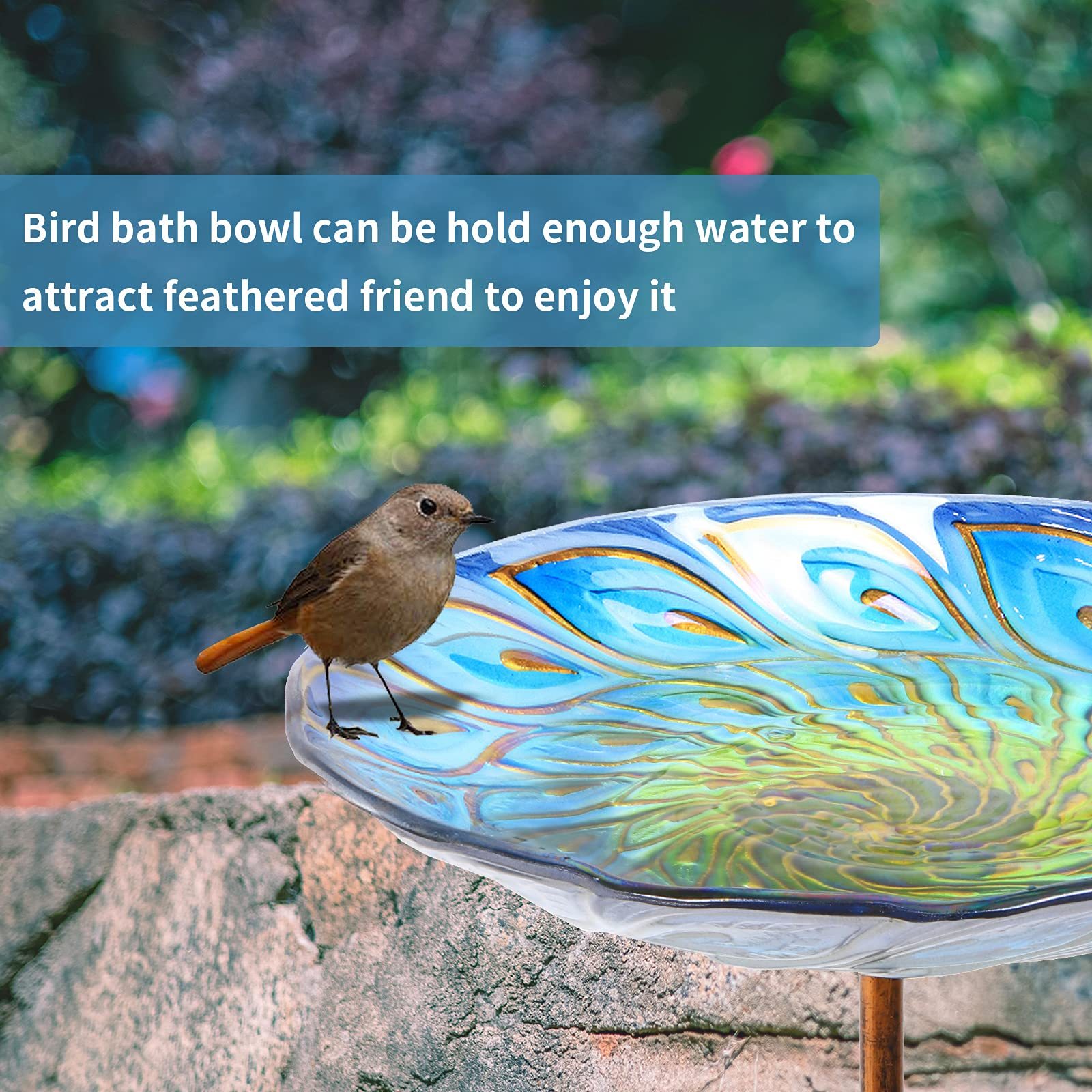 Peacock Glass Bird Bath, Outdoor Garden Bird Bath Birdfeeder with Metal Stake