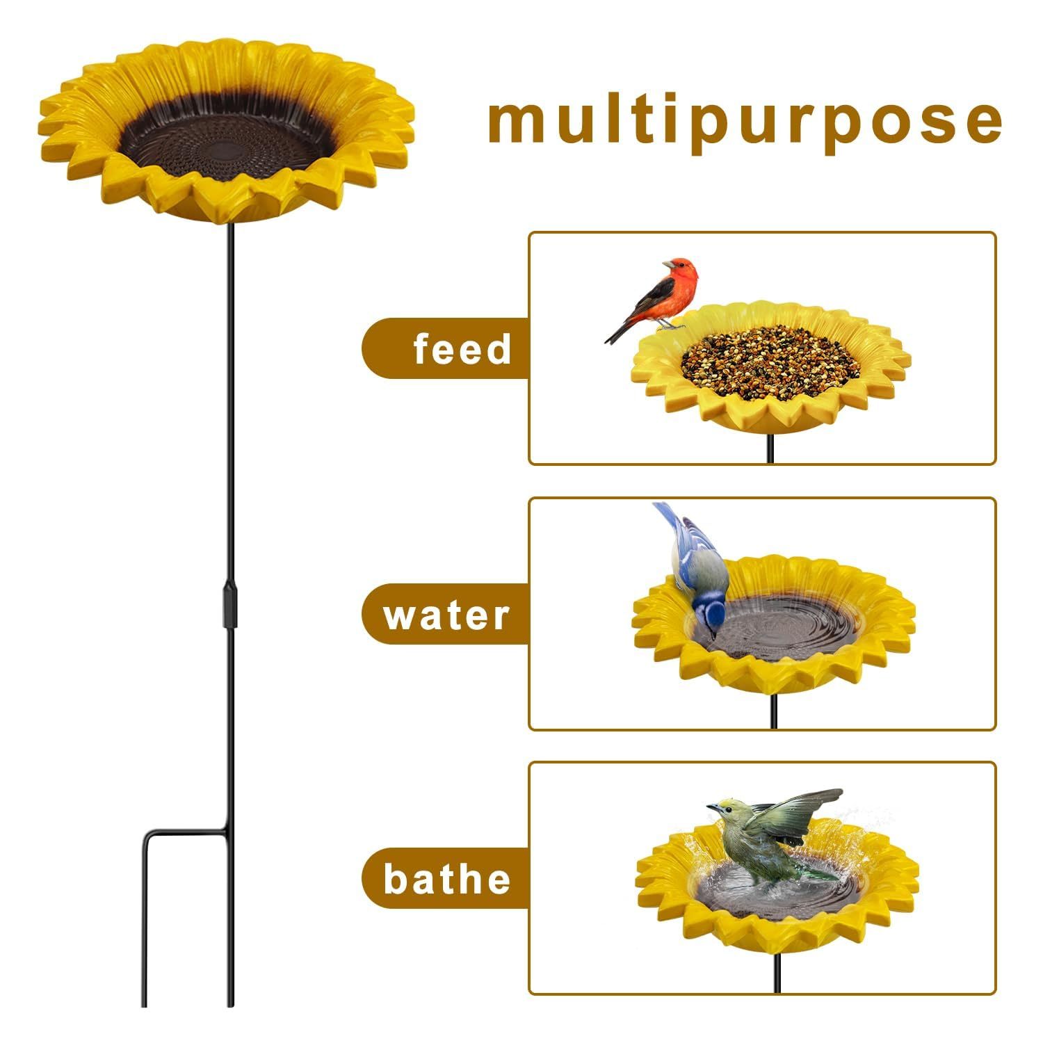 Sunflower Bird Feeder & Bird Bath for Outdoors, Ground Stake Small Tray Bird Feeder, Cute Garden Yard Decor for Bird Lovers