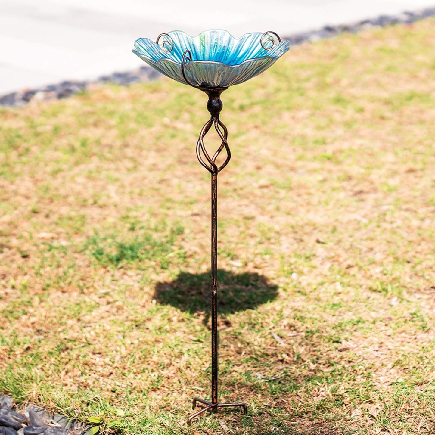 31 Inch Height Glass Birdbath Bird Feeder with Metal Stake, Blue Outdoor Garden Yard Decor