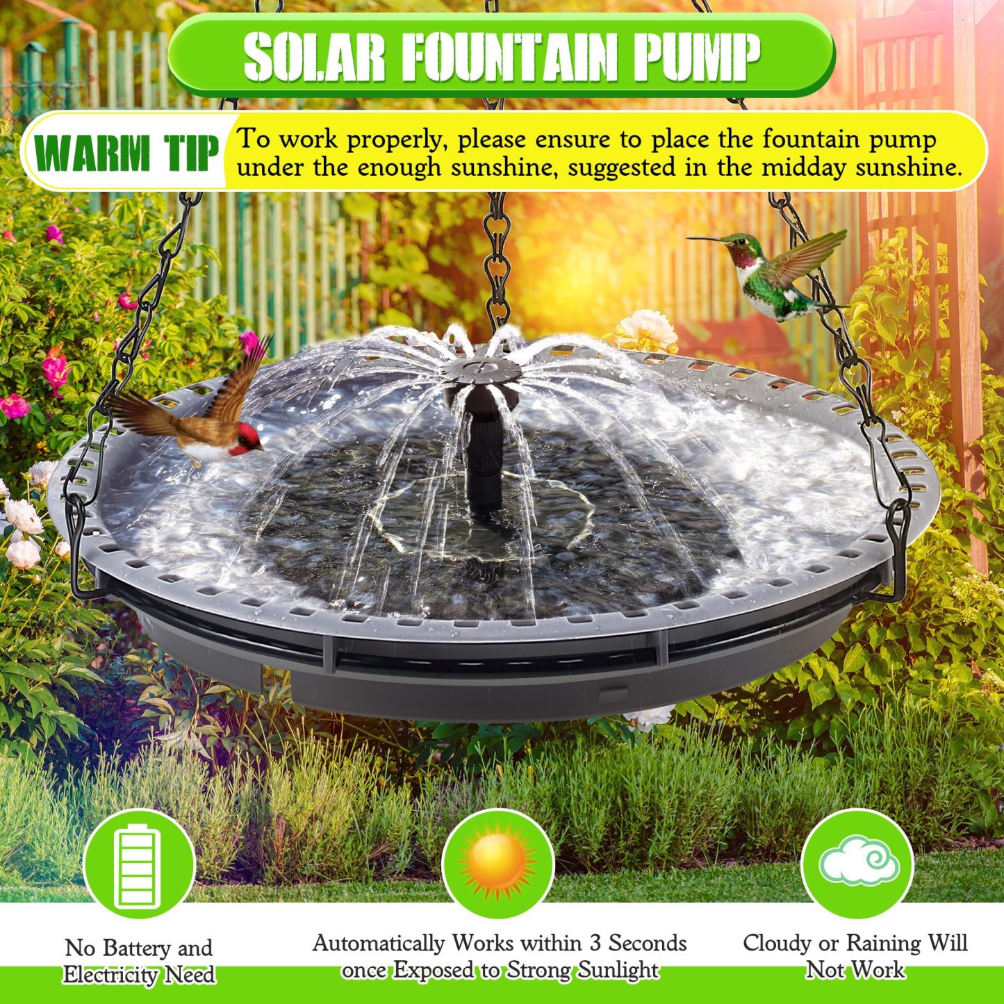 Hanging Solar Bird Bath Fountain, Solar Powered Hummingbird Water Fountain Pump Set with 4 Water Patterns for Garden Yard Patio Lawn