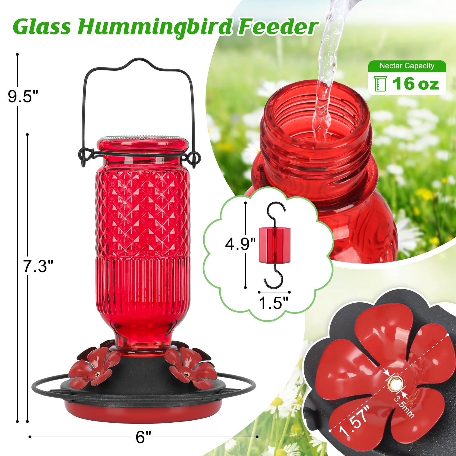 16oz Glass Hummingbird Feeder, Hanging Bird Feeder with Ant Moat, 4 Bee-Proof Feeding Ports & 360° Perch, Leak-Proof Red Design for Outdoor Garden