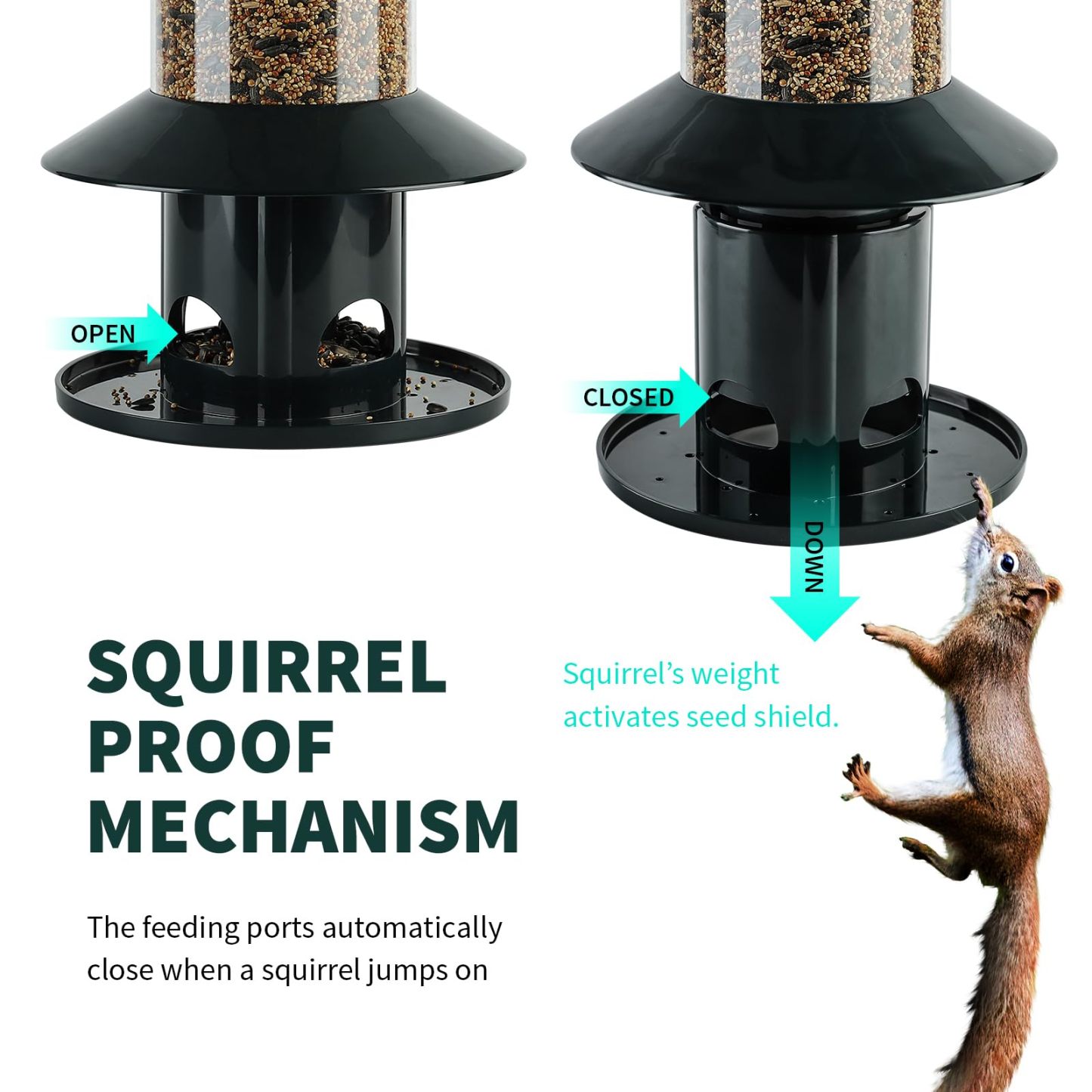 Squirrel Proof Bird Feeder, 360° Feeding Perch Tray, Outdoor Hanging Wild Bird Seed Feeder, Dark Green