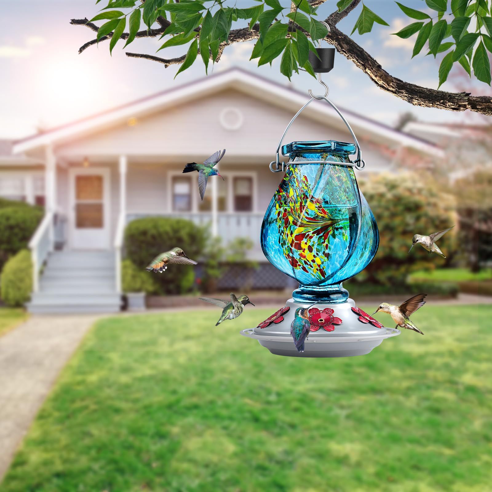 22oz Hand Blown Glass Hummingbird Feeder, Outdoor Hanging with Ant Moat, 5 Bee-Proof Feeding Ports, 360° Perch Leak-Proof Design, Blue Perfect Gift for Mom Dad Women Men