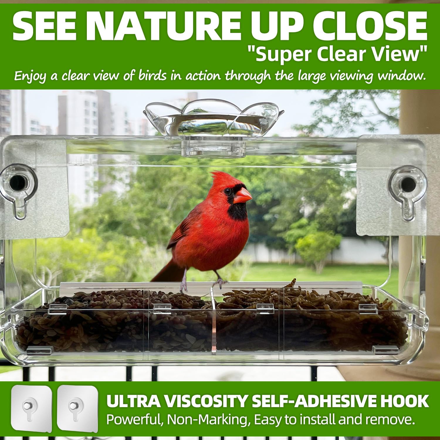 Window Bird Feeder with Non-Marking Self-Adhesive Hooks, Clear Transparent Design for Outdoor Wild Bird Watching & Garden Decor