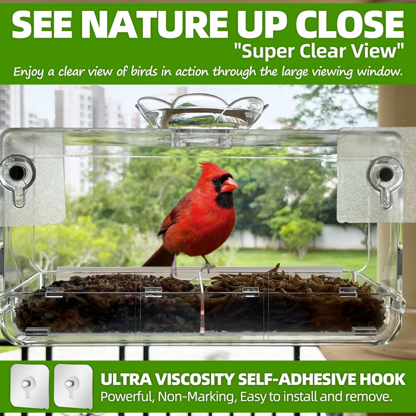 Window Bird Feeder with Non-Marking Self-Adhesive Hooks, Clear Transparent Design for Outdoor Wild Bird Watching & Garden Decor