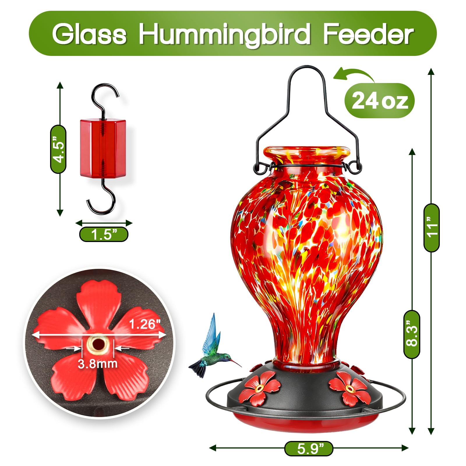 Hand Blown Glass Hummingbird Feeder, 24oz Hanging Wild Bird Feeder with Ant Moat Perch, Bee Resistant Ports, Red Polka Dots Garden Decor Gift for Mom Women
