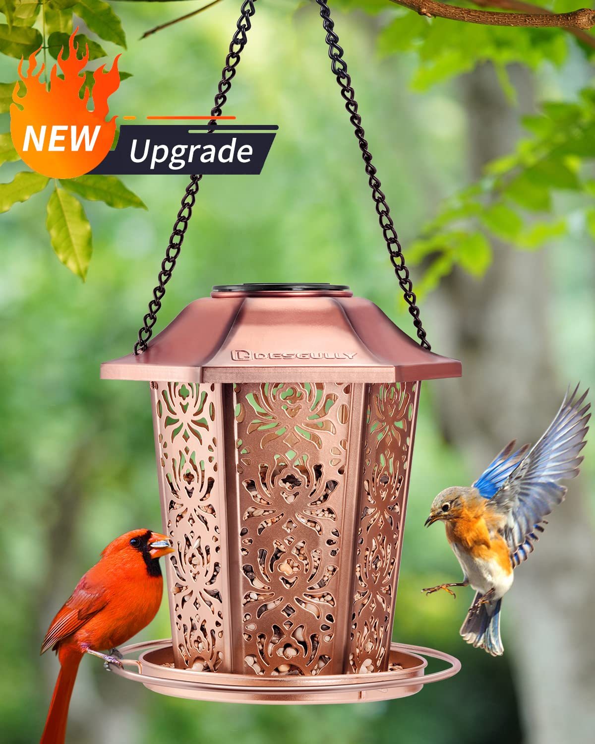 Solar Bird Feeders for Outdoors Hanging, Premium Metal Wild Bird Feeder, Chew-Proof Weatherproof Hanging Bird Feeder for Garden Decor
