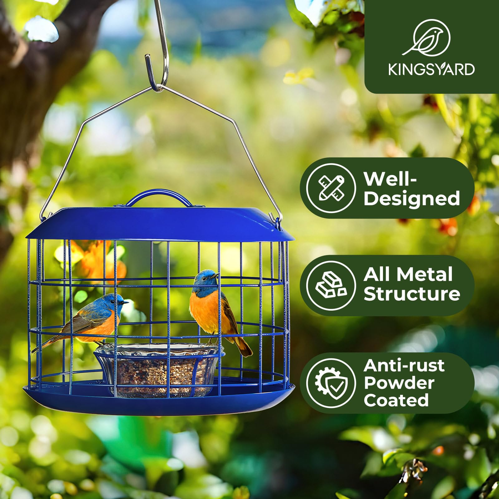 All Metal Bluebird Feeder, Outdoor Hanging Cage Mealworm Bird Feeder with Tray, Squirrel Proof & Weather Resistant, Easy to Refill and Clean