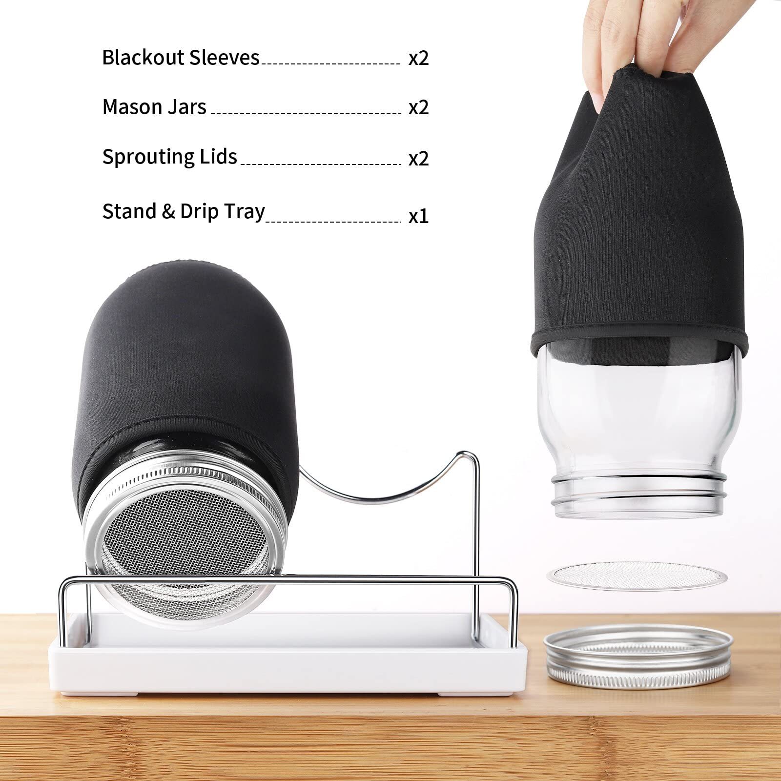 Seed Sprouting Jar Kit, 2 Pack Wide Mouth Mason Jars with 316 Stainless Steel Sprouting Lids, Drip Tray & Stand for Growing Broccoli, Alfalfa, Bean Sprouts
