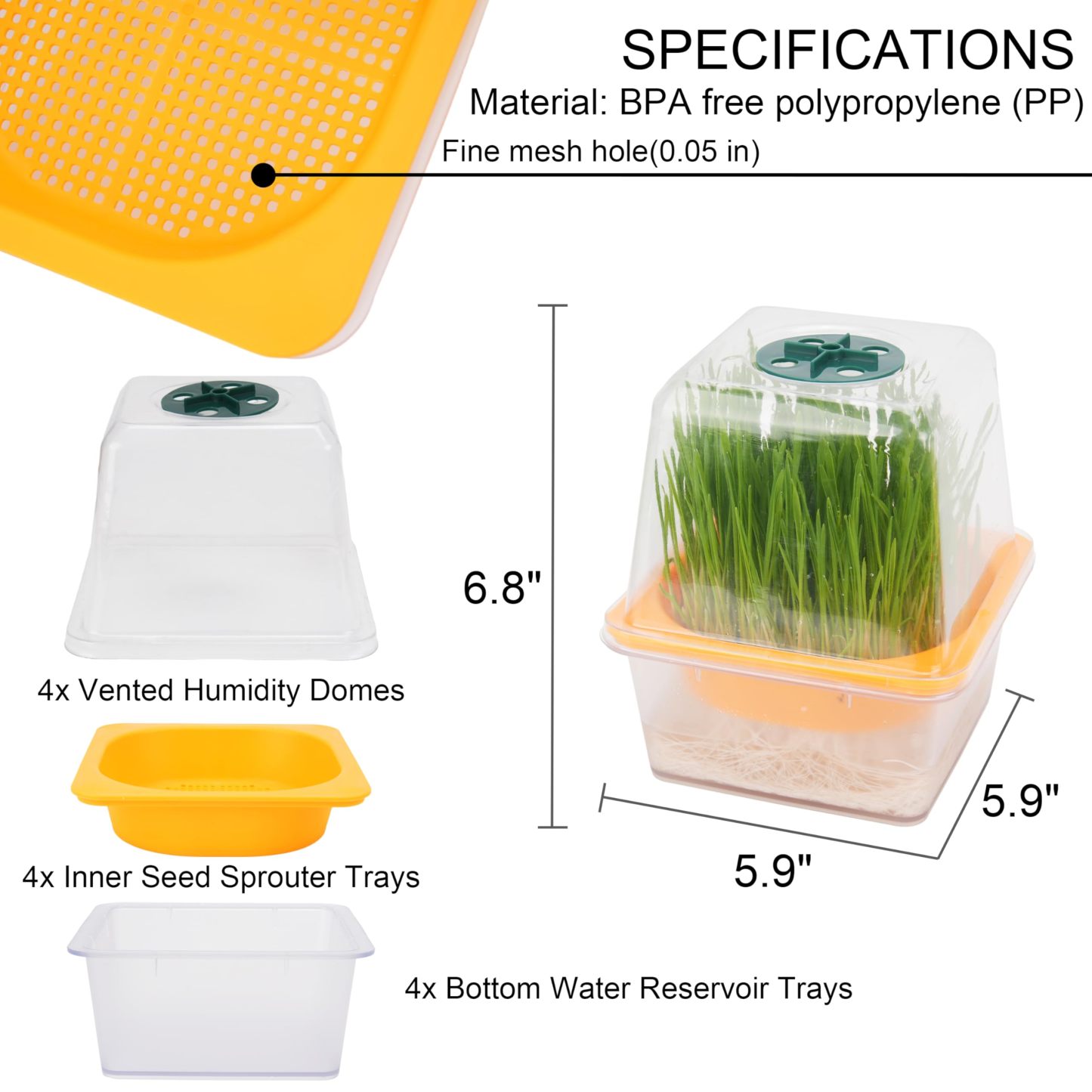 5" x 5" Microgreen Growing Trays with Humidity Dome, 4 Pack BPA Free Sprouting Trays, 1.2mm Small Mesh Holes for Broccoli, Alfalfa, Radish and Clover Seeds