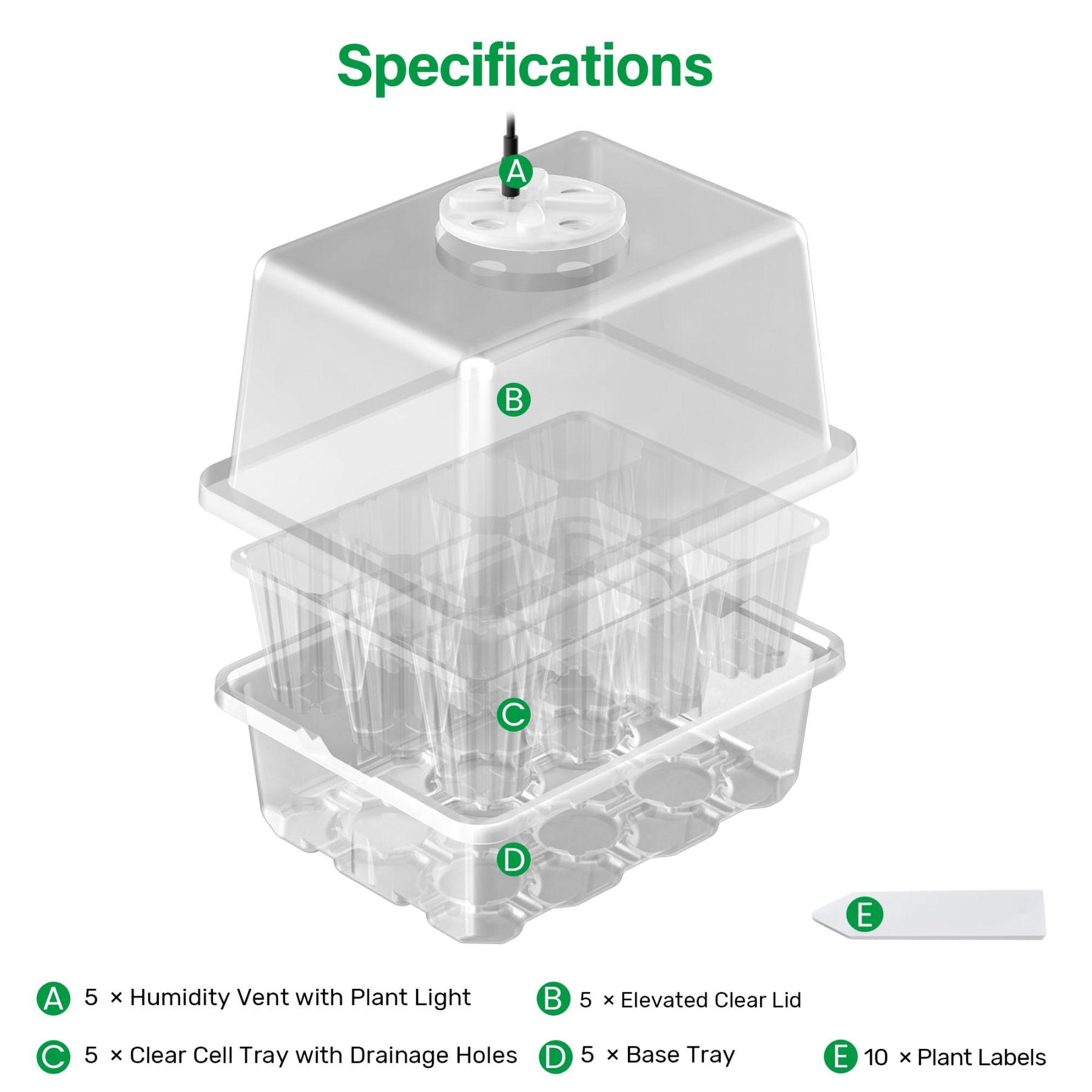 5 Packs Seed Starter Tray with Grow Light, Elevated Seedling Tray Kit with Adjustable Humidity Dome & Clear Cell Tray, 12 Full Spectrum LED Beads for Indoor Plant Germination