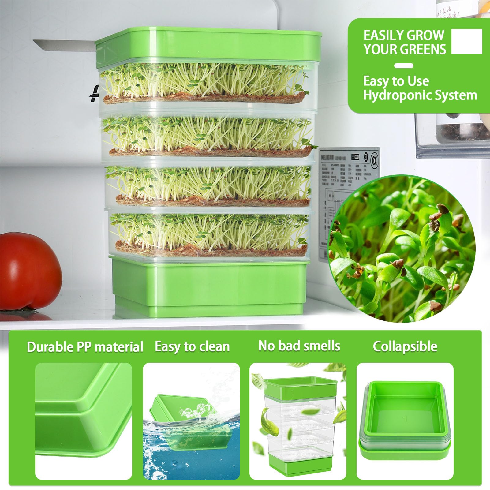 4-Tier Stackable Seed Sprouting Kit with Drain Holes & Drain Tray, Upgrade Ripple Soil-Free Sprouter Tray for Beans, Alfalfa & Microgreens