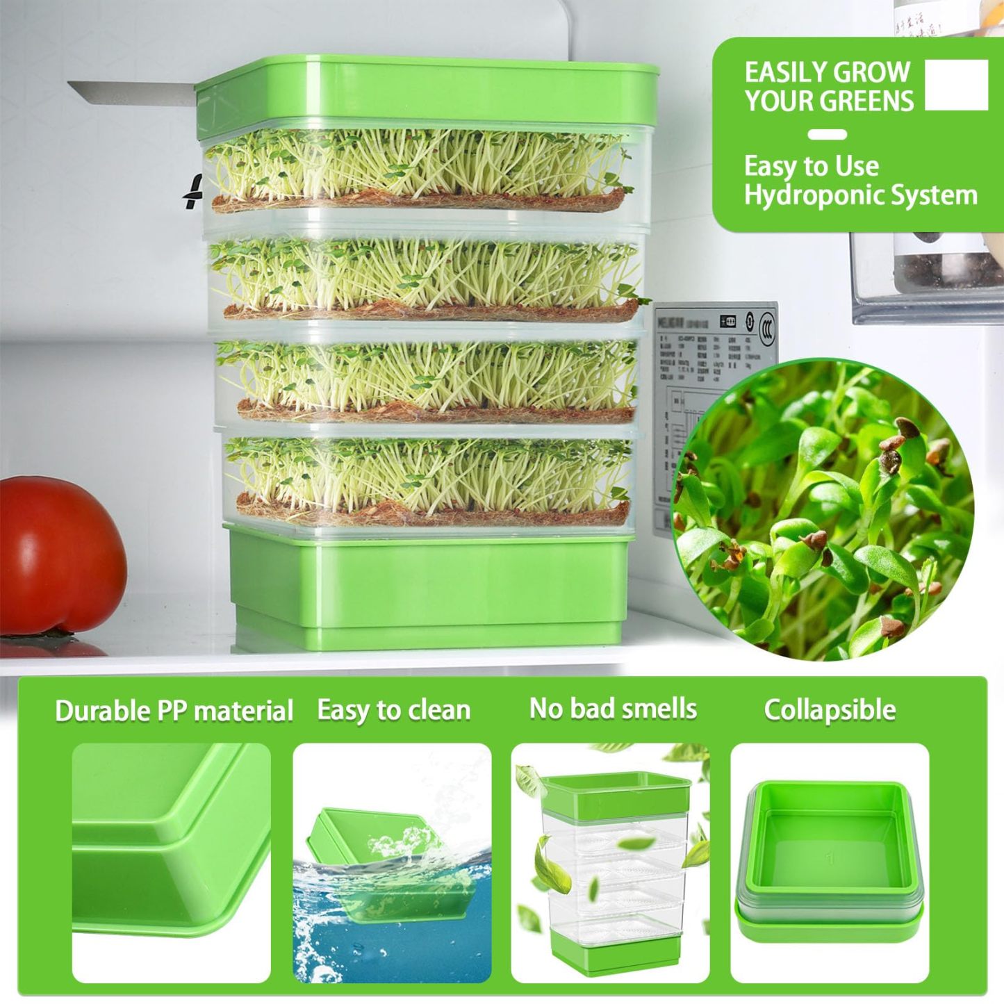4-Tier Stackable Seed Sprouting Kit with Drain Holes & Drain Tray, Upgrade Ripple Soil-Free Sprouter Tray for Beans, Alfalfa & Microgreens