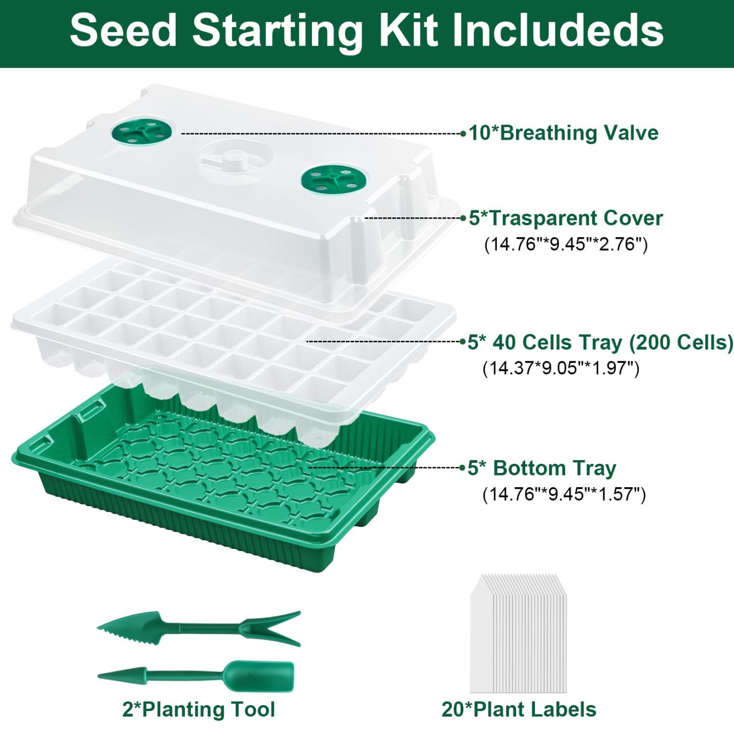 5 Pack Seed Starter Trays, 200 Cells Total Seed Starting Kit with Adjustable Humidity Dome, Mini Greenhouse Plant Germination Tray for Seedlings Growing
