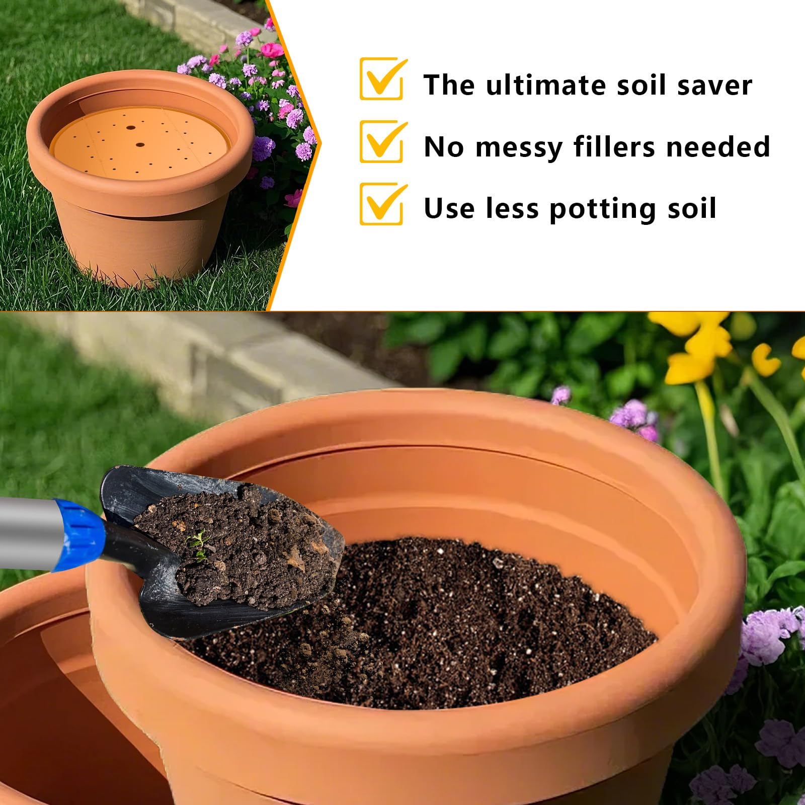 2Pcs 13 Inch Orange Round Planter Insert, Plastic Pot Bottom Drainage Tray with Holes, Soil Saving Insert Divider for Tall Flower Plant Pots