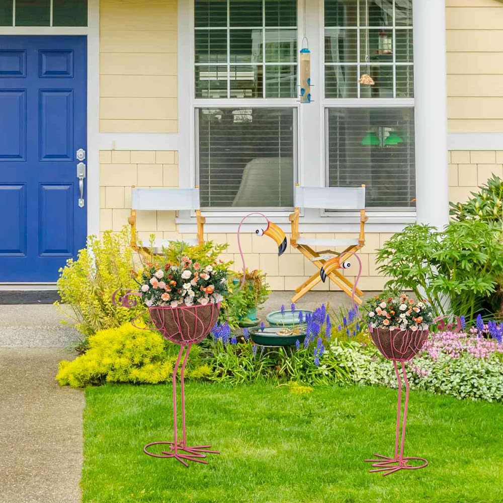 Set of 2 Pink Flamingo Planters with Basket, Metal Standing Flower Pots, Outdoor Yard Art Decor for Home Garden Porch Lawn Patio Pool