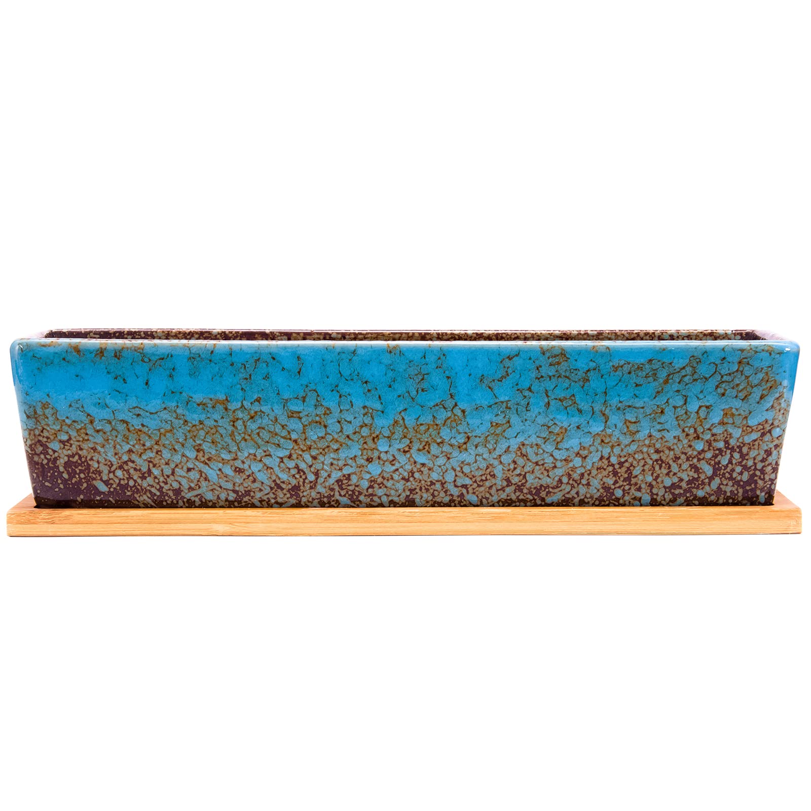 12 Inch Rectangular Ceramic Succulent Planter, Shallow Bonsai Flower Pot with Drainage Hole & Bamboo Tray, Home Garden Window Box for Cactus Plant Decor