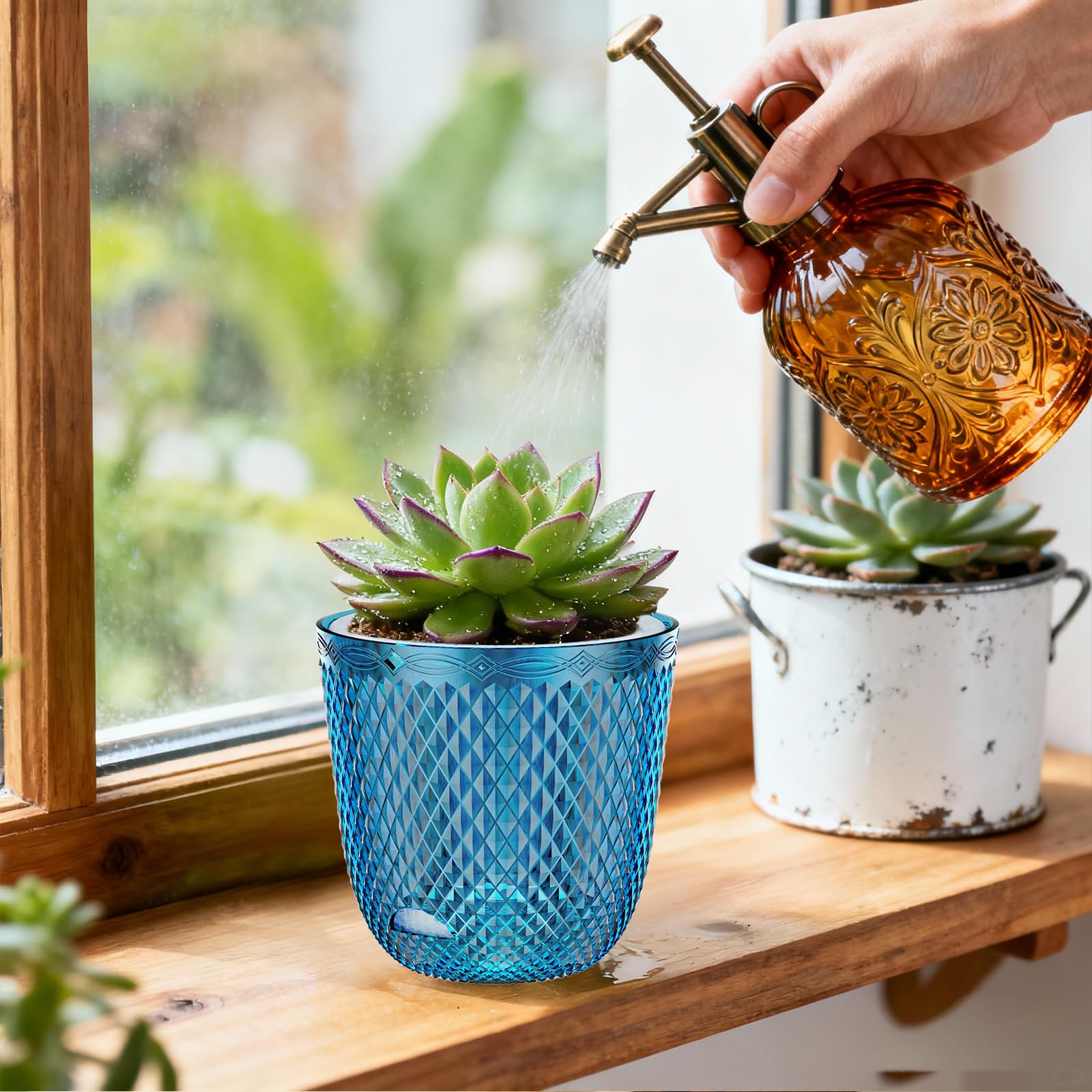 2 Pack Self Watering Plant Pots, 7.2 Inch Plastic Planters with Drainage Holes & Water Inlet Port, Modern Garden Flower Pots for Indoor Outdoor Plants