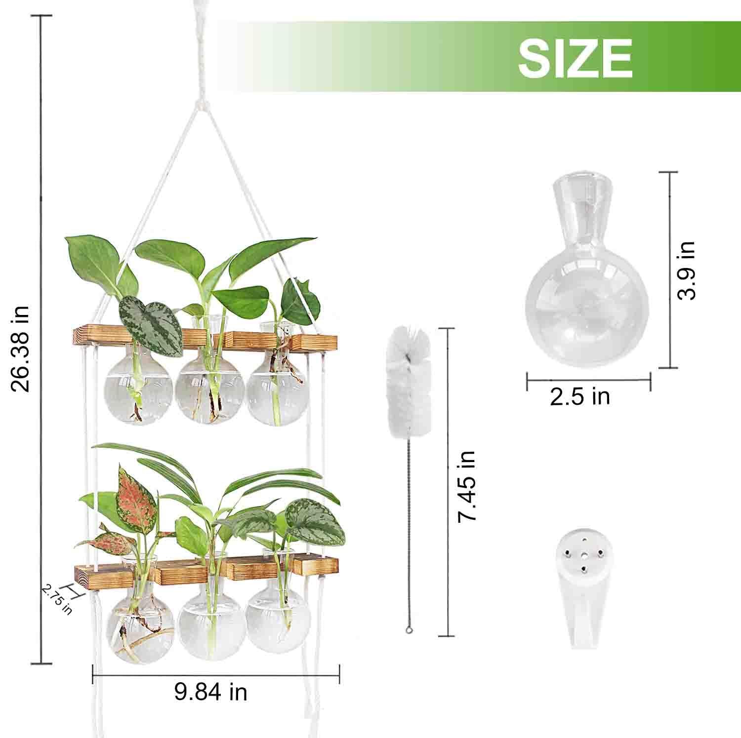 2 Tier Wall Hanging Plant Propagation Station, Wooden Stand Hydroponic Terrarium with 6 Bulb Glass Vases, Home Wall Decor Gardening Gifts for Plant Lovers