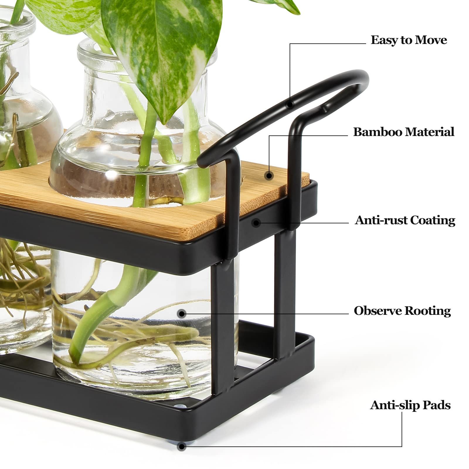 Tabletop Plant Propagation Station with Metal Stand, Retro Glass Hydroponic Planter Vase, 5 Jars Desktop Terrarium for Home Kitchen Office Decor & Plant Lovers Gifts