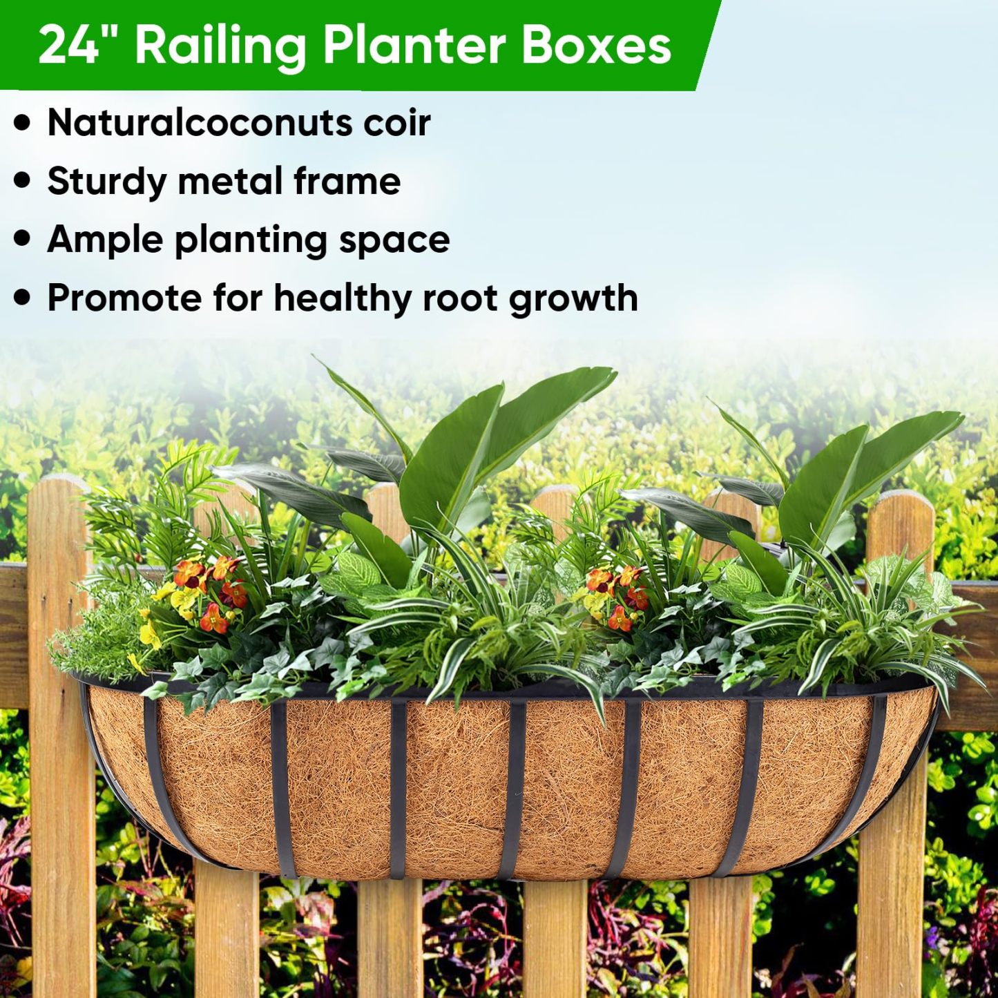 24 Inch Hanging Railing Planter Boxes, Outdoor Window Planters for Deck Balcony Fence Garden Decor
