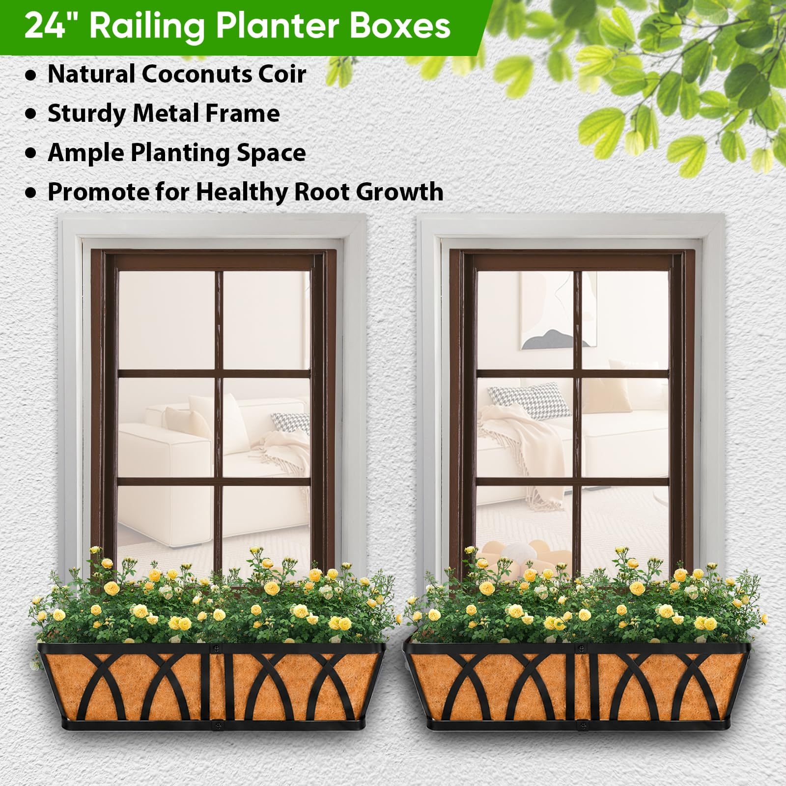 3 Pack 24 Inch Hanging Railing Planter Boxes, Outdoor Window Planters for Deck Balcony Fence Garden
