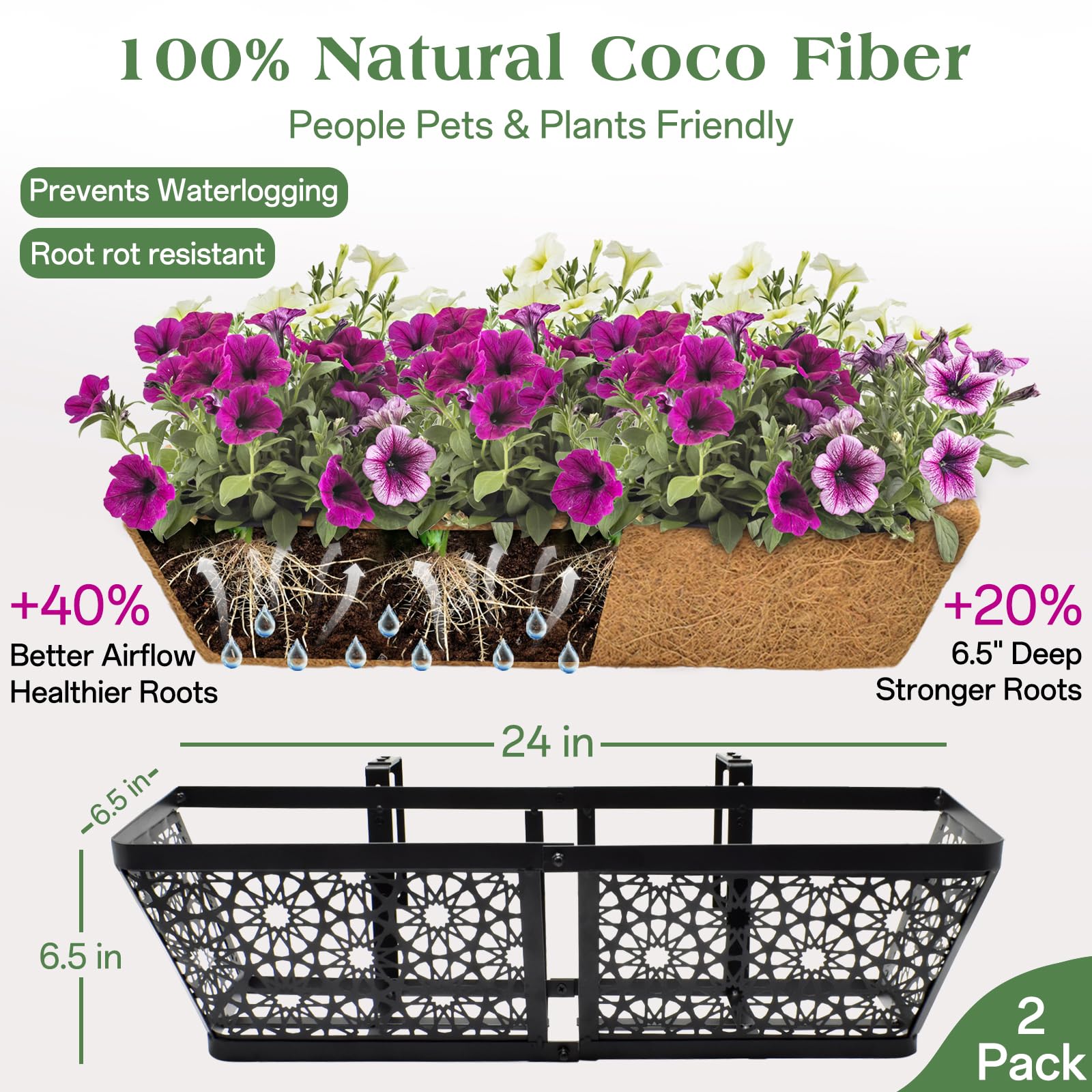 2 Pack 24 Inch Hanging Railing Planter Boxes, Window Flower Planters with Coco Liner & Adjustable Brackets for Outdoor Balcony Deck Fence
