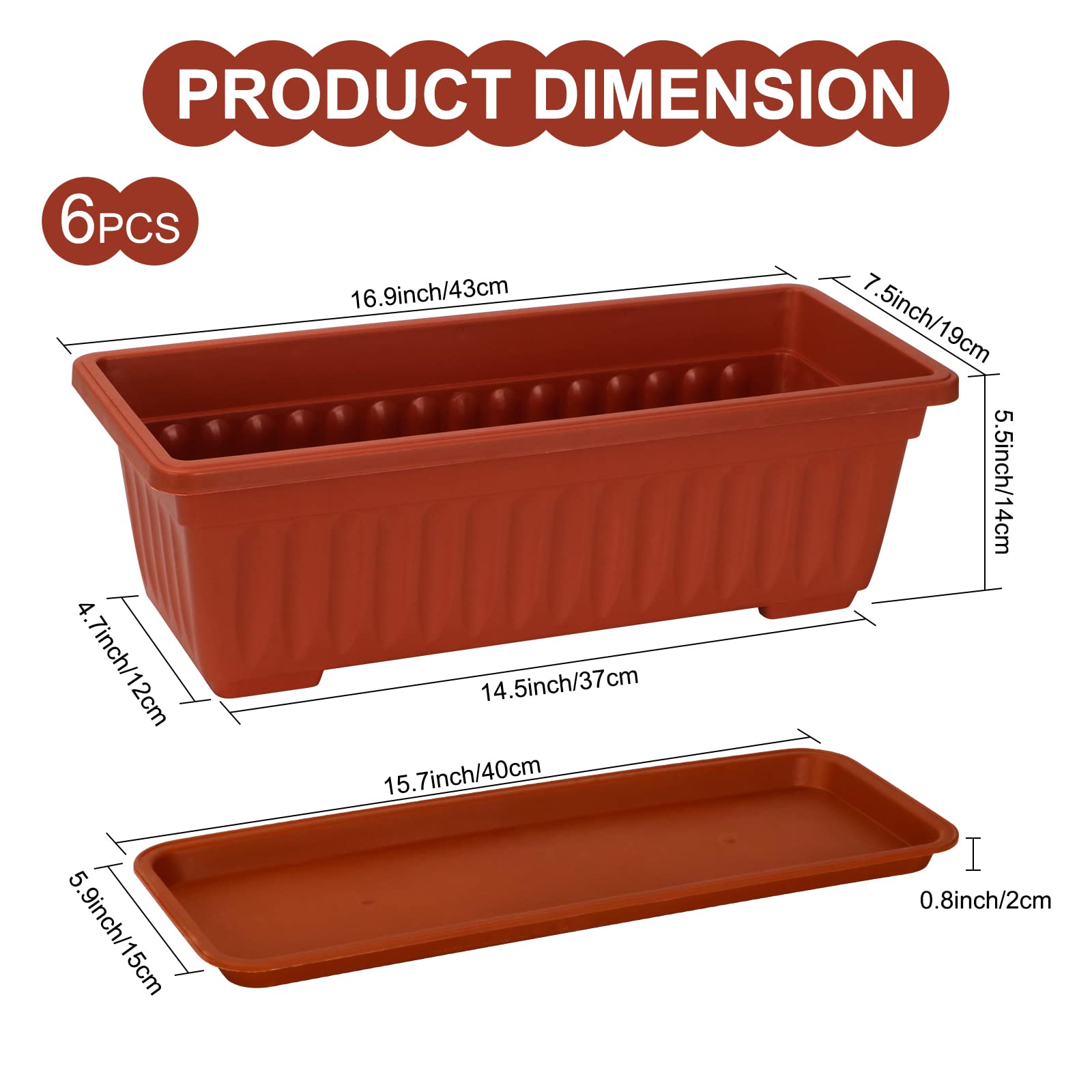6 Pack 17 Inch Rectangular Plastic Window Planter Boxes, Brick Red Plant Pots with Drainage Trays for Windowsill Balcony Garden Patio