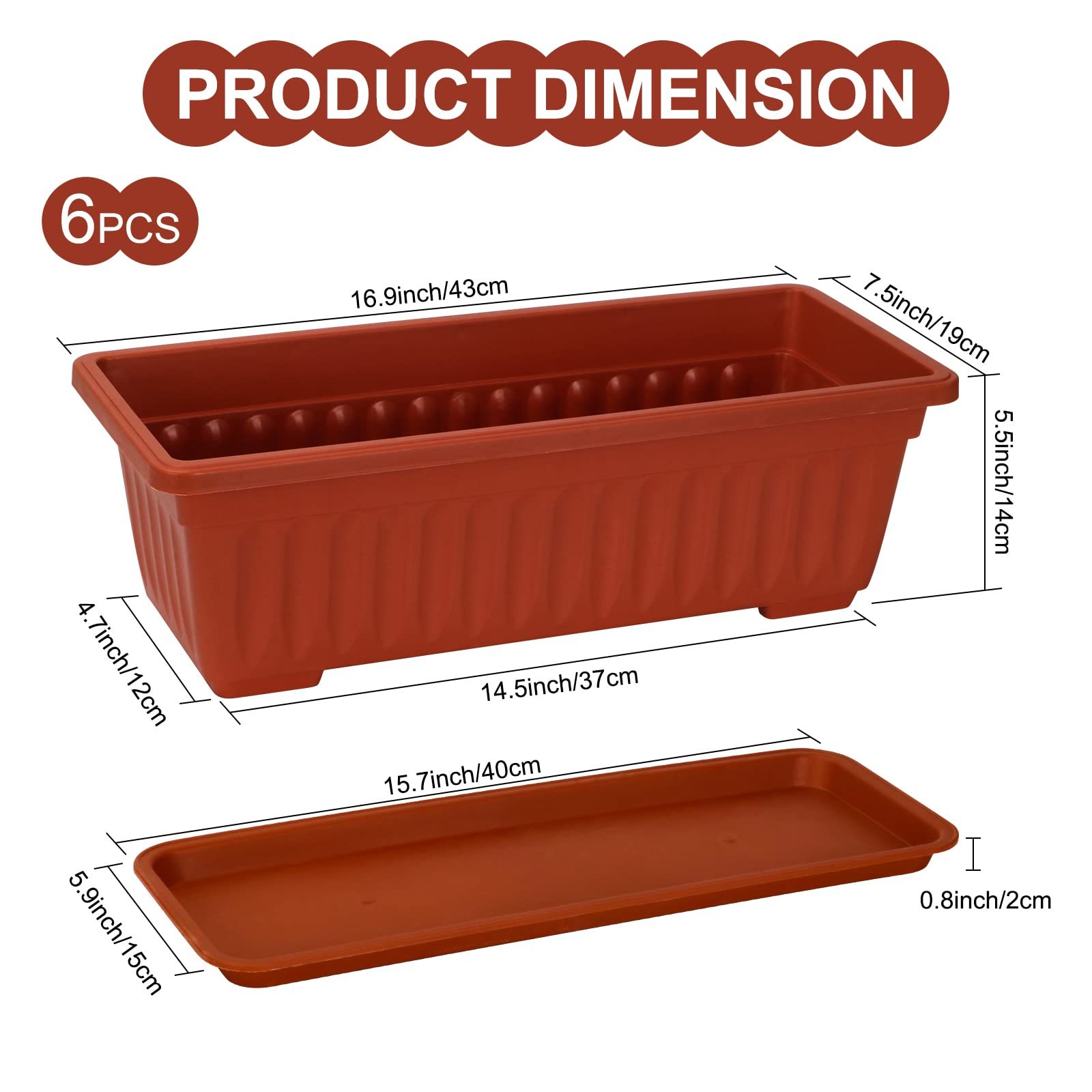 6 Pack 17 Inch Rectangular Plastic Window Planter Boxes, Brick Red Plant Pots with Drainage Trays for Windowsill Balcony Garden Patio
