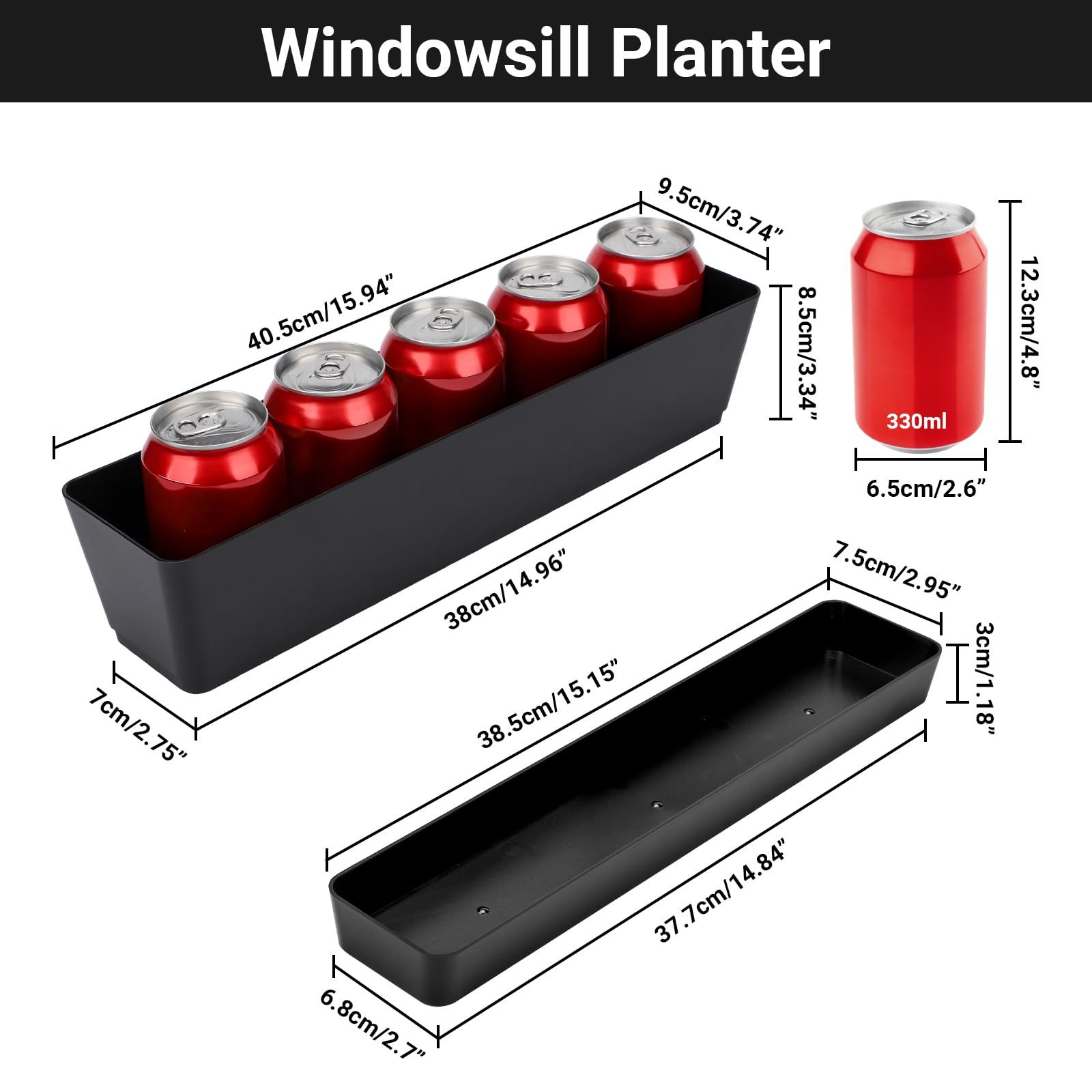 3 Pack 16x3.8 Inch Black Rectangular Plastic Planter Boxes, Flower Herb Succulent Pots with Drainage Holes & Tray for Indoor Outdoor Balcony Garden Windowsill