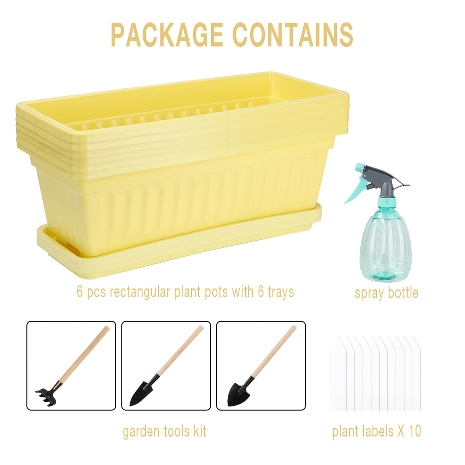 6 Pack 17 Inch Yellow Rectangular Plastic Planter Boxes with Tray, Flower Vegetable Pots for Windowsill Patio Balcony Indoor Outdoor