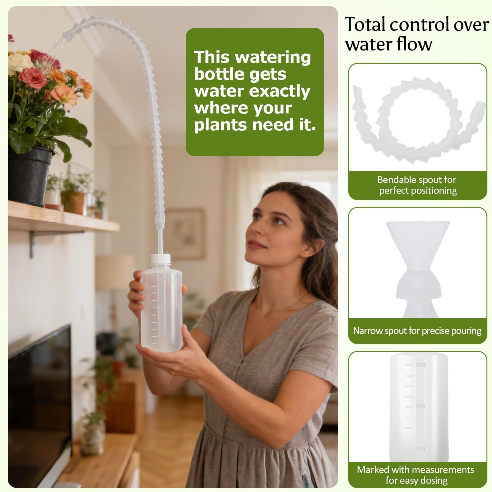 16.9oz/500ml Squeeze Watering Bottle, 19.6" Long Nozzle with Adjustable Angle for Hanging Plants