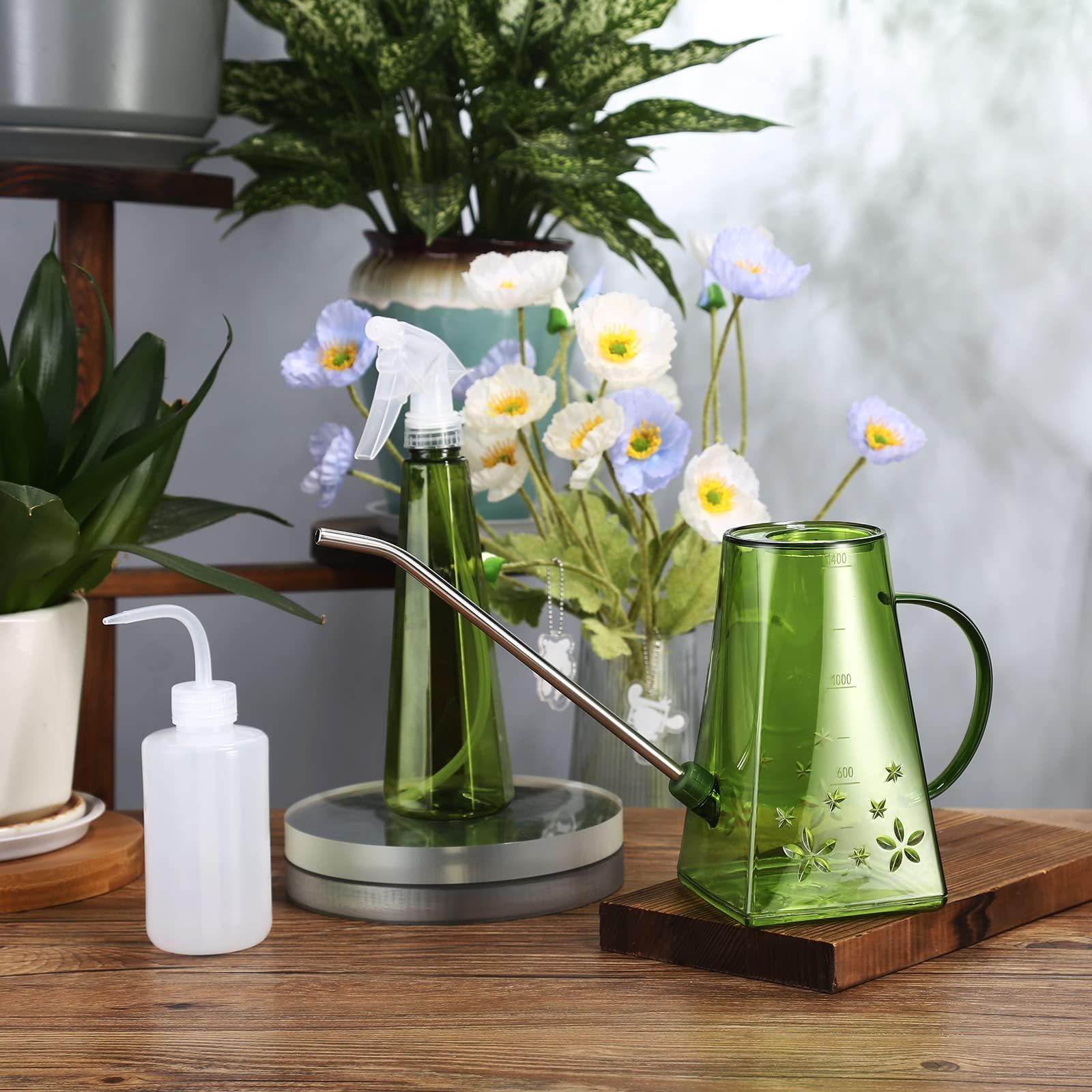 47oz Plastic Watering Can with Long Spout & Wide Opening, Green, Comes with 16oz Spray Bottle + 8.5oz Squeeze Bottle for House Plants