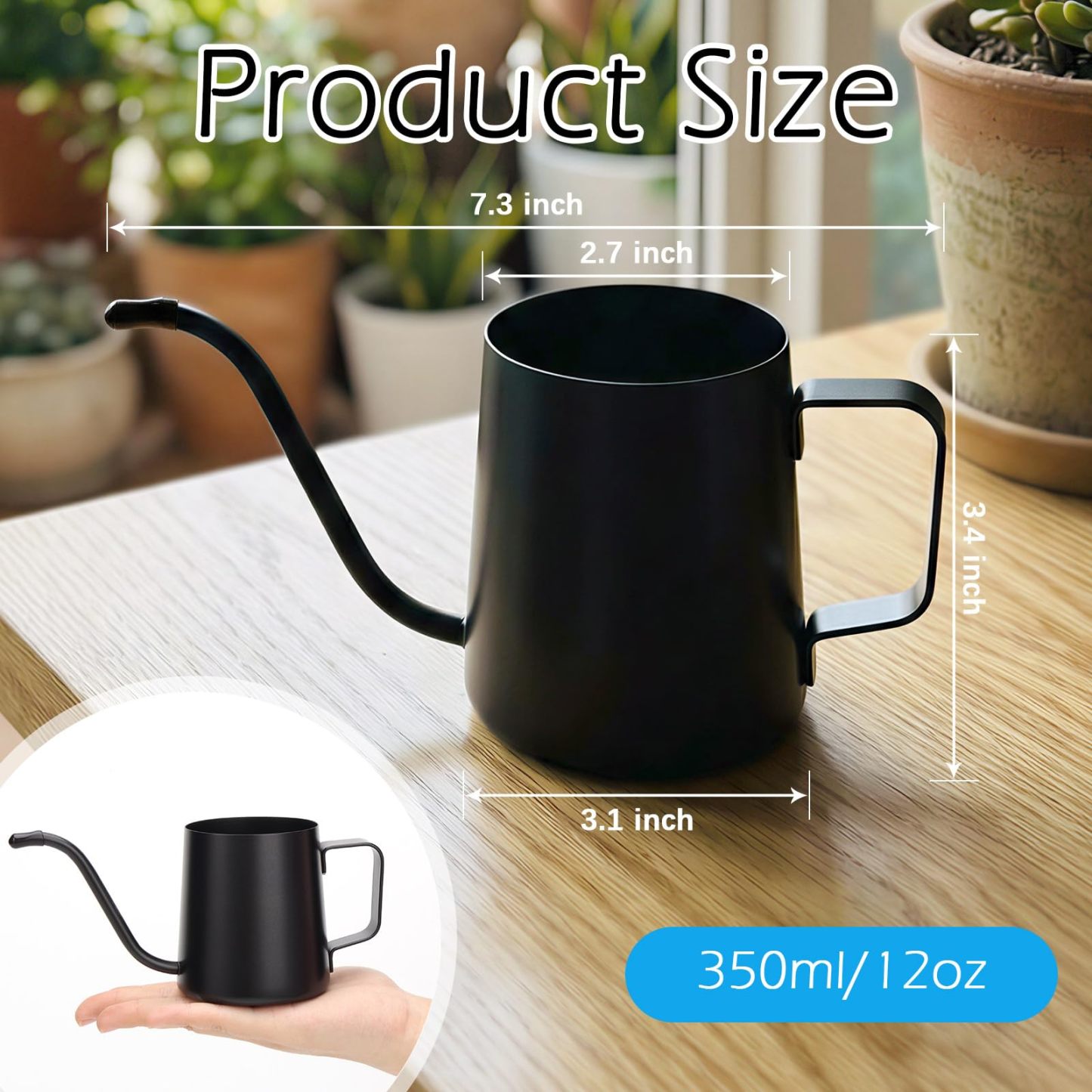 12oz / 350ml Mini Stainless Steel Watering Can, Long Spout with Handle for Indoor & Outdoor Plants