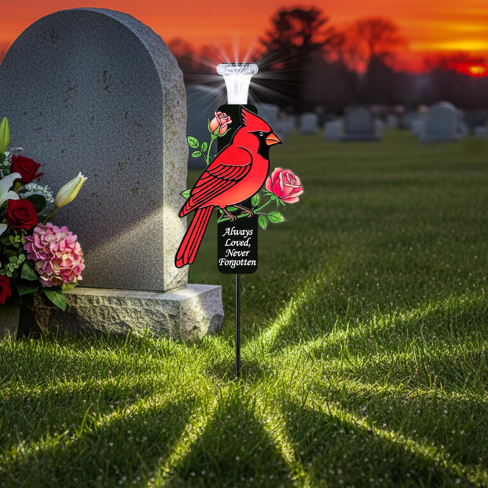 Red Cardinal Solar Memorial Stakes, Metal Cemetery Grave Decor with LED Lights, Sympathy Bereavement Gift for Loss of Mom, Grandma & Loved Ones