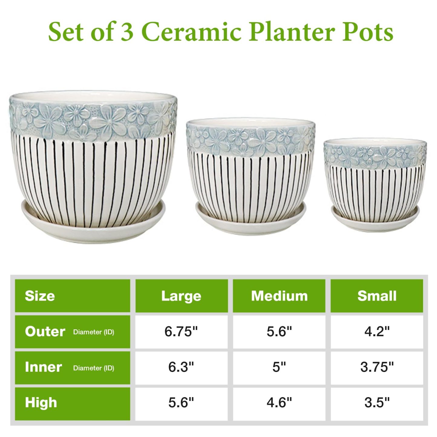 Ceramic Plant Pots Set of 3, 6.75/5.6/4.2 Inch Planters with Drainage Holes & Saucers, Modern Decorative Flower Pots for Indoor Outdoor House Plants, Succulents & Garden Decor