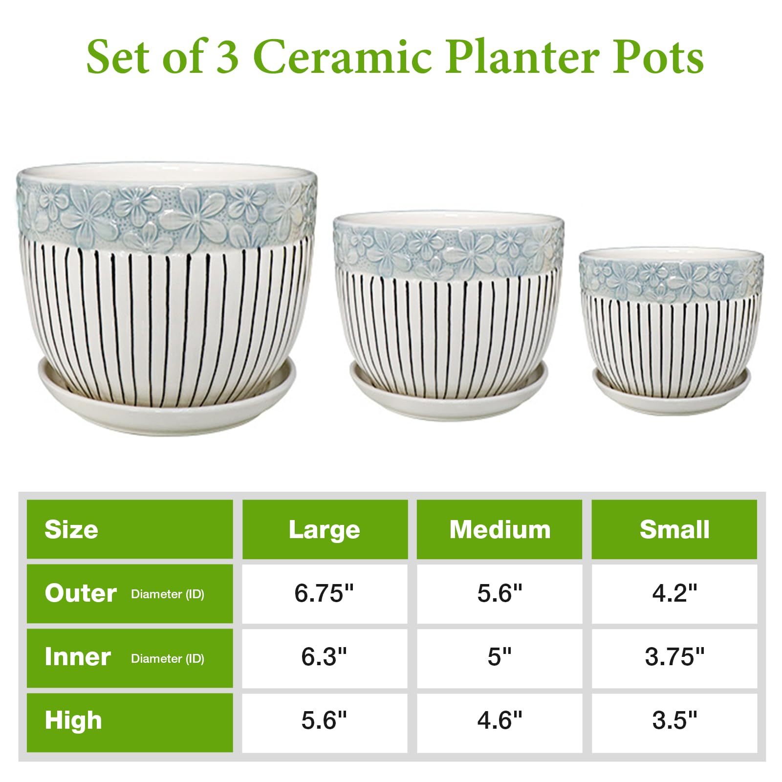 Ceramic Plant Pots Set of 3, 6.75/5.6/4.2 Inch Planters with Drainage Holes & Saucers, Modern Decorative Flower Pots for Indoor Outdoor House Plants, Succulents & Garden Decor