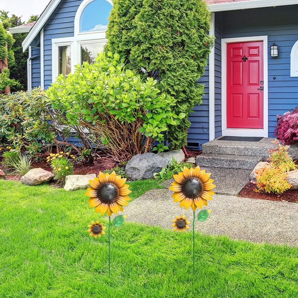 22.4" Metal Sunflower Garden Stakes, 2 Pcs Shaking Head Flower Ornaments, Spring Decor for Yard, Lawn and Patio