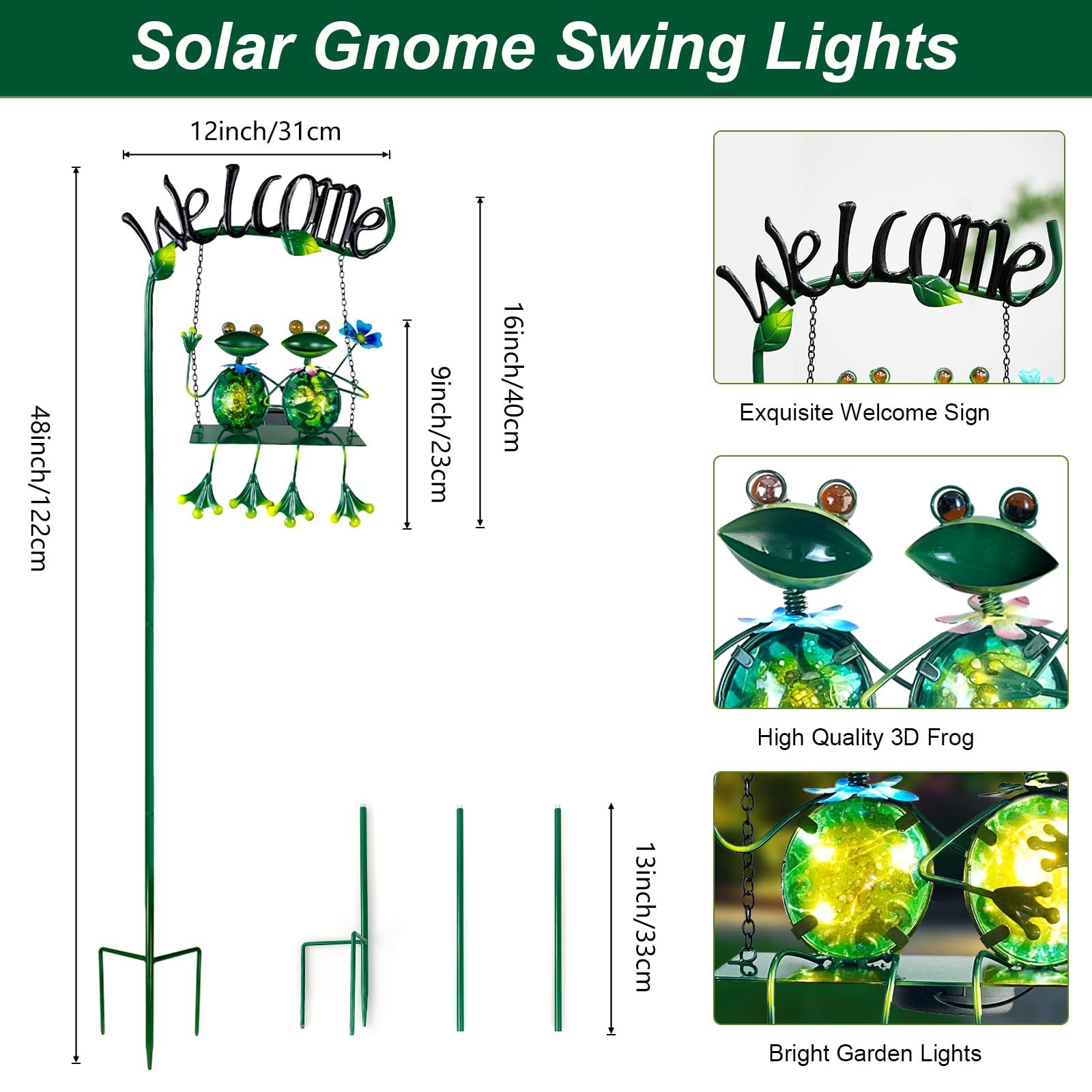 48 Inch Solar Frog Swing Garden Stake, Waterproof Outdoor Landscape Lights with Welcome Sign, Decorative Yard Patio Ornament, Gift for Mom & Women