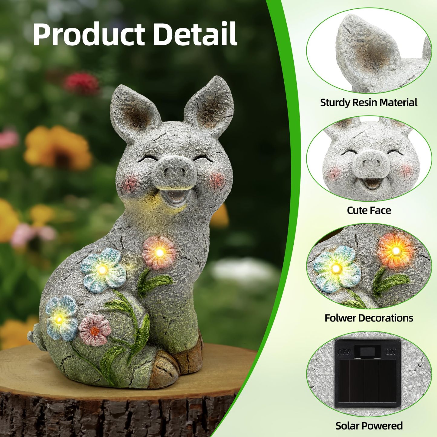 Solar Powered Pig Statue with LED Lights, Outdoor Resin Pig Figurine Garden Decor for Yard Lawn Patio Balcony, Unique Birthday Housewarming Gift for Mom & Women