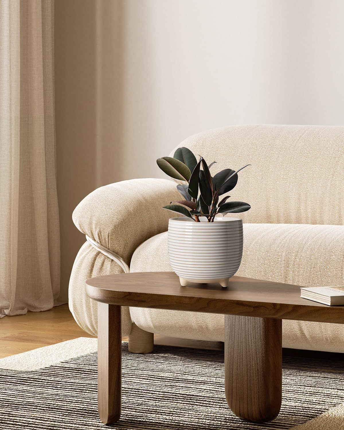 White Ceramic Plant Pots, 5.1 + 6.4 Inch Footed Planters, Modern Flower Pots with Drainage Holes, Reactive Glaze Indoor Planters for Home & Office