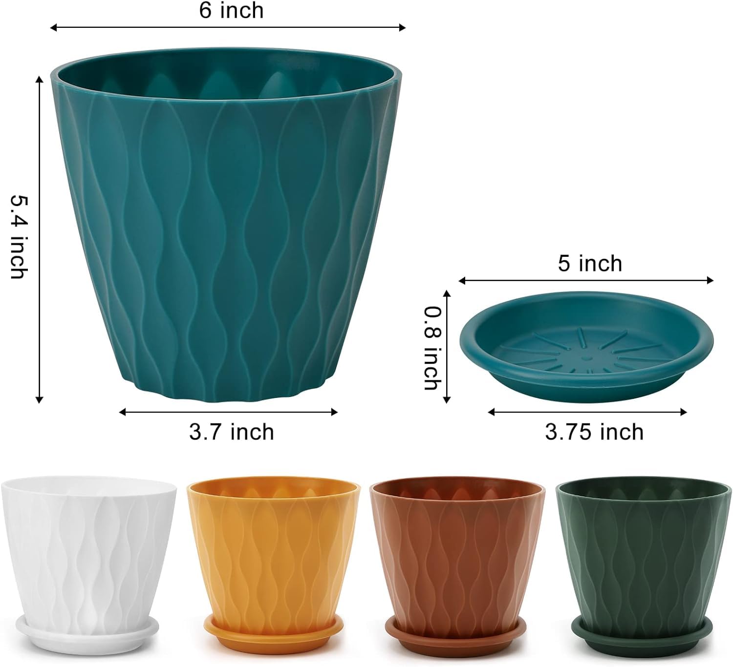 6 Inch Plant Pots 5 Pack Multicolor Indoor Outdoor Flower Pots, Planters with Drainage Holes & Saucers