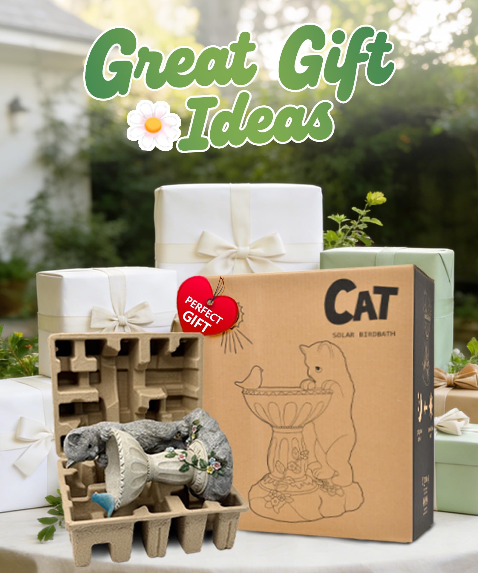 Solar Powered Cat Garden Statue with Auto LED Lights, IP44 Waterproof Resin Outdoor Figurine for Yard Patio Balcony, Unique Birthday Gift for Mom, Grandma & Bird Lovers