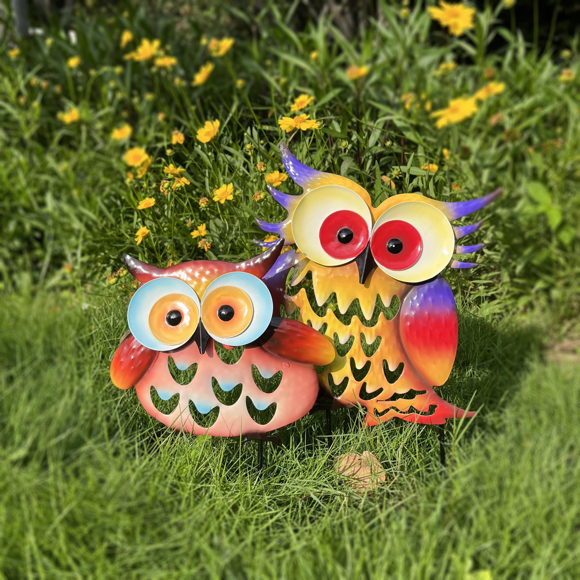 Pack of 2 Vibrant Metal Owl Silhouette Stakes, Rustproof Animal Garden Statues, Outdoor Yard Lawn & Flower Bed Decor Ornaments
