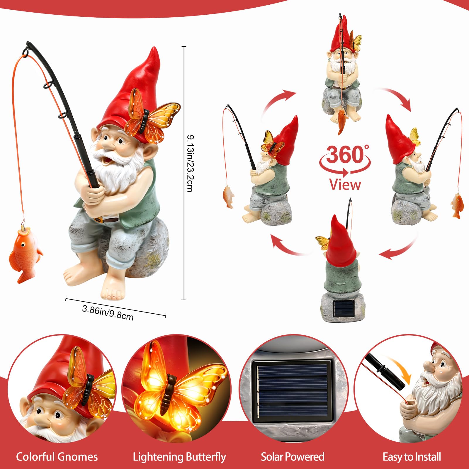Solar Fishing Garden Gnome Statue with Butterfly Solar LED Lights, Waterproof Outdoor Figurine Ornament for Yard Patio Lawn Porch Decor, Perfect Mother’s Day & Birthday Gifts for Mom Women