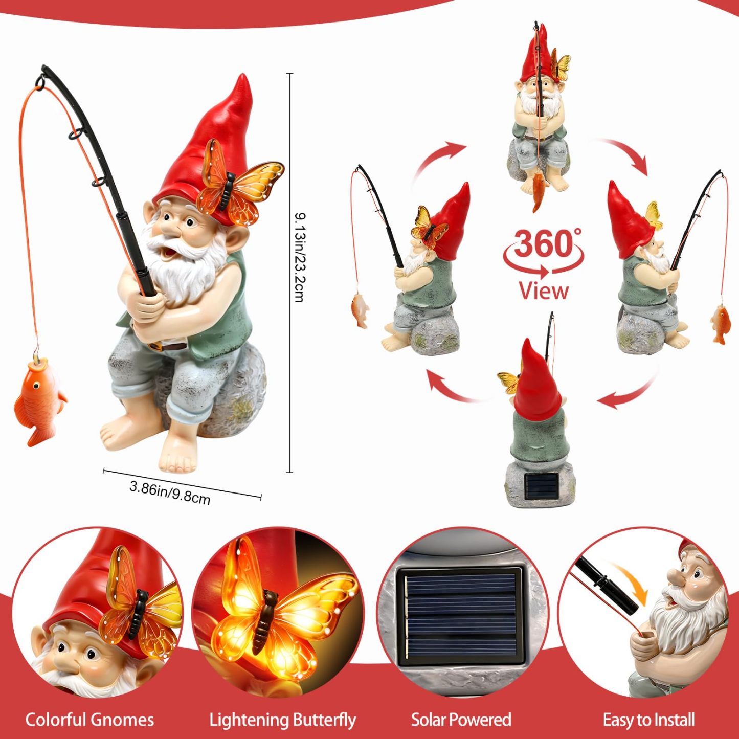 Solar Fishing Garden Gnome Statue with Butterfly Solar LED Lights, Waterproof Outdoor Figurine Ornament for Yard Patio Lawn Porch Decor, Perfect Mother’s Day & Birthday Gifts for Mom Women