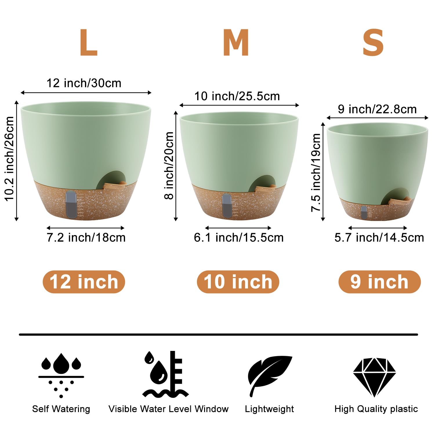Self-Watering Plant Pots with Water Level Indicator & Drainage Holes – 12/10/9 Inch Large Plastic Planters for Indoor & Outdoor Plants