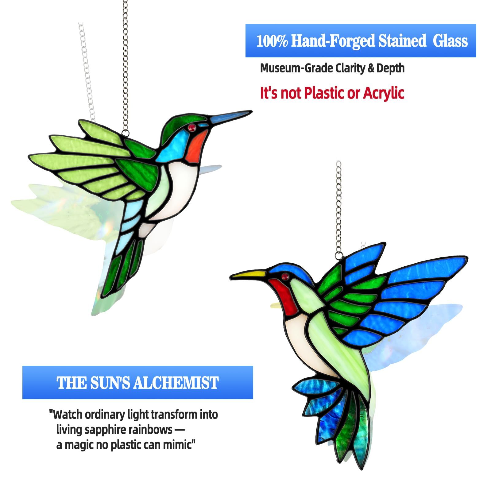 2 Pack Handmade Hummingbird Stained Glass Suncatcher, 6 Inch Glass Window Hanging Ornament with Copper Foil Edges, Suction Hooks Included, Bird Lover Gift for Mom Grandma Women