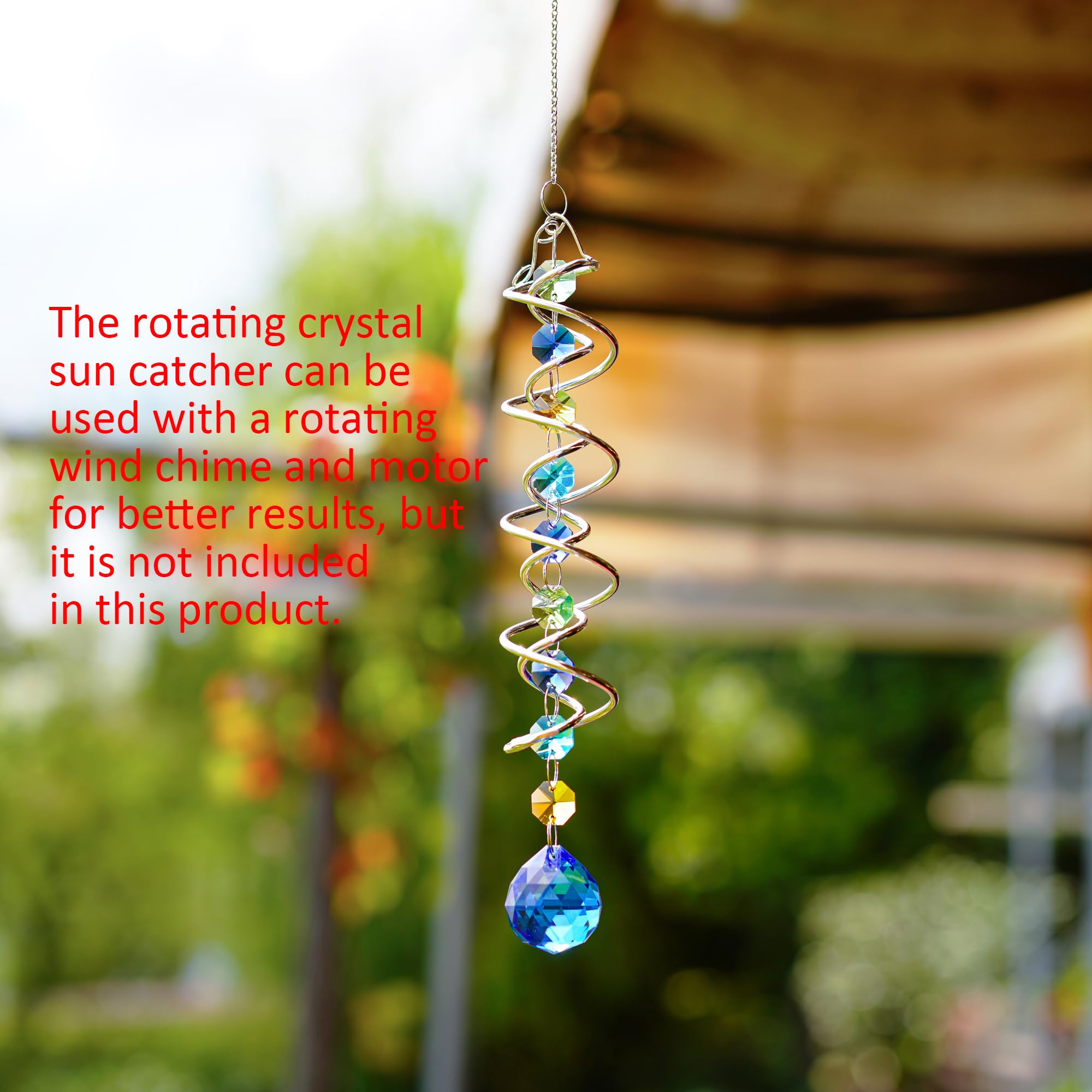 20.5 Inch Double Spiral Wind Spinner with Sea Blue Crystal Gazing Ball, Hanging Sun Catcher Rainbow Maker for Indoor Outdoor Decor