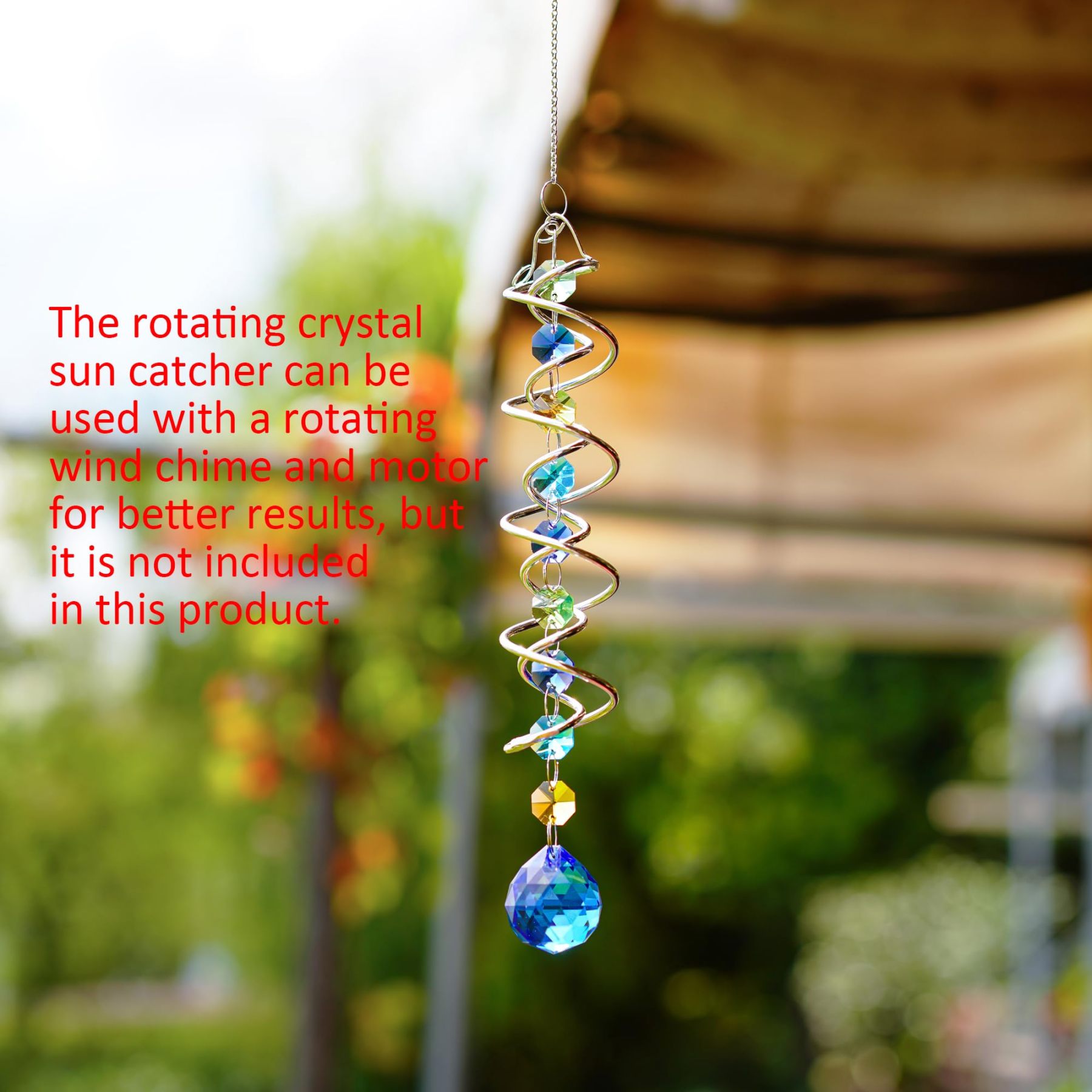 20.5 Inch Double Spiral Wind Spinner with Sea Blue Crystal Gazing Ball, Hanging Sun Catcher Rainbow Maker for Indoor Outdoor Decor